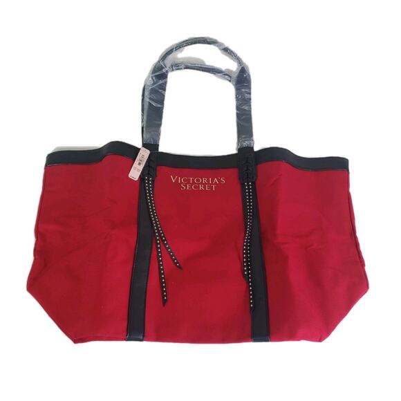 NWT Victoria’s Secret Weekender Tote Bag Large Red with Black Straps Tassels - Picture 3 of 9